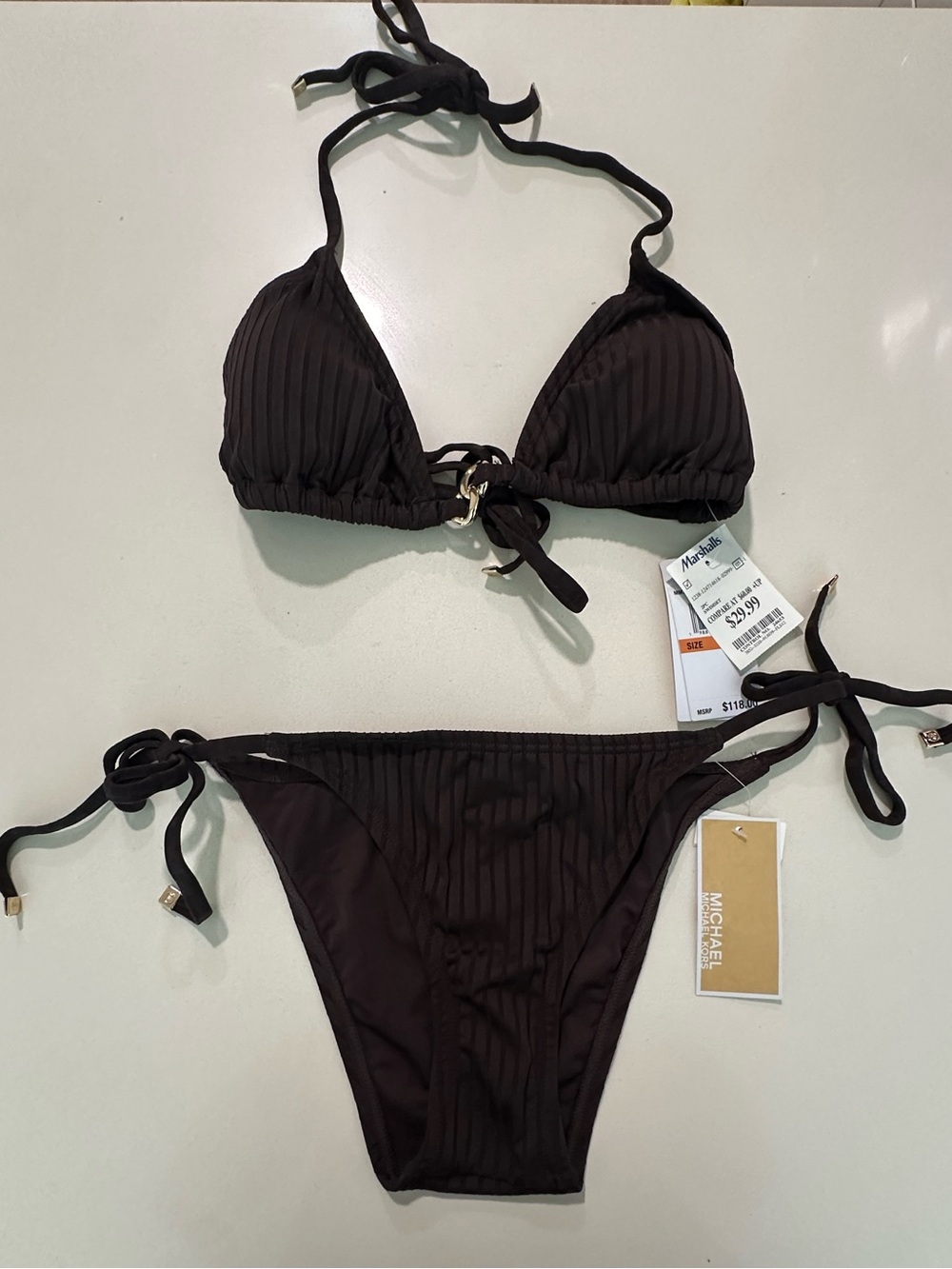 Michael Kors Brown Ribbed Tie-Side Bikini Set